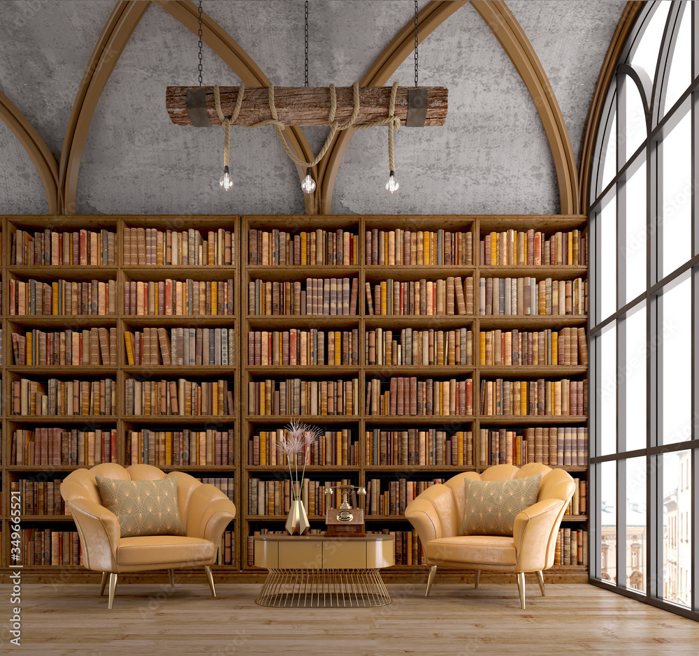 Old bookcase with leather armchair near window in reading room or