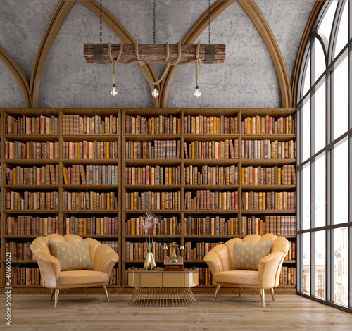 Papier peint bibliothèque - Papier peint Old bookcase with leather armchair near window in reading room or library.Vintage style.3d rendering