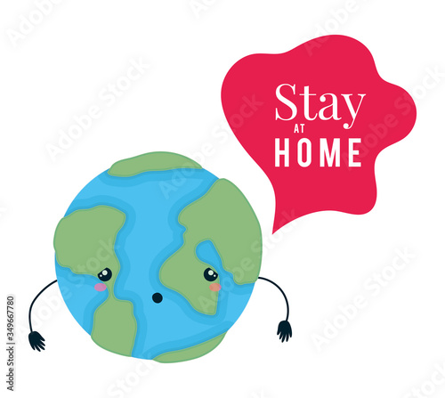 kawaii world cartoon and stay at home text vector design