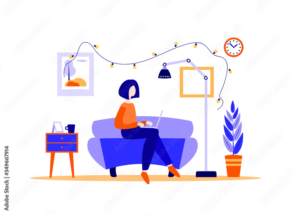 Young woman sitting with laptop at home. Vector illustration of distance learning, working. Young woman sitting with laptop at home. Vector illustration of distance learning, working.