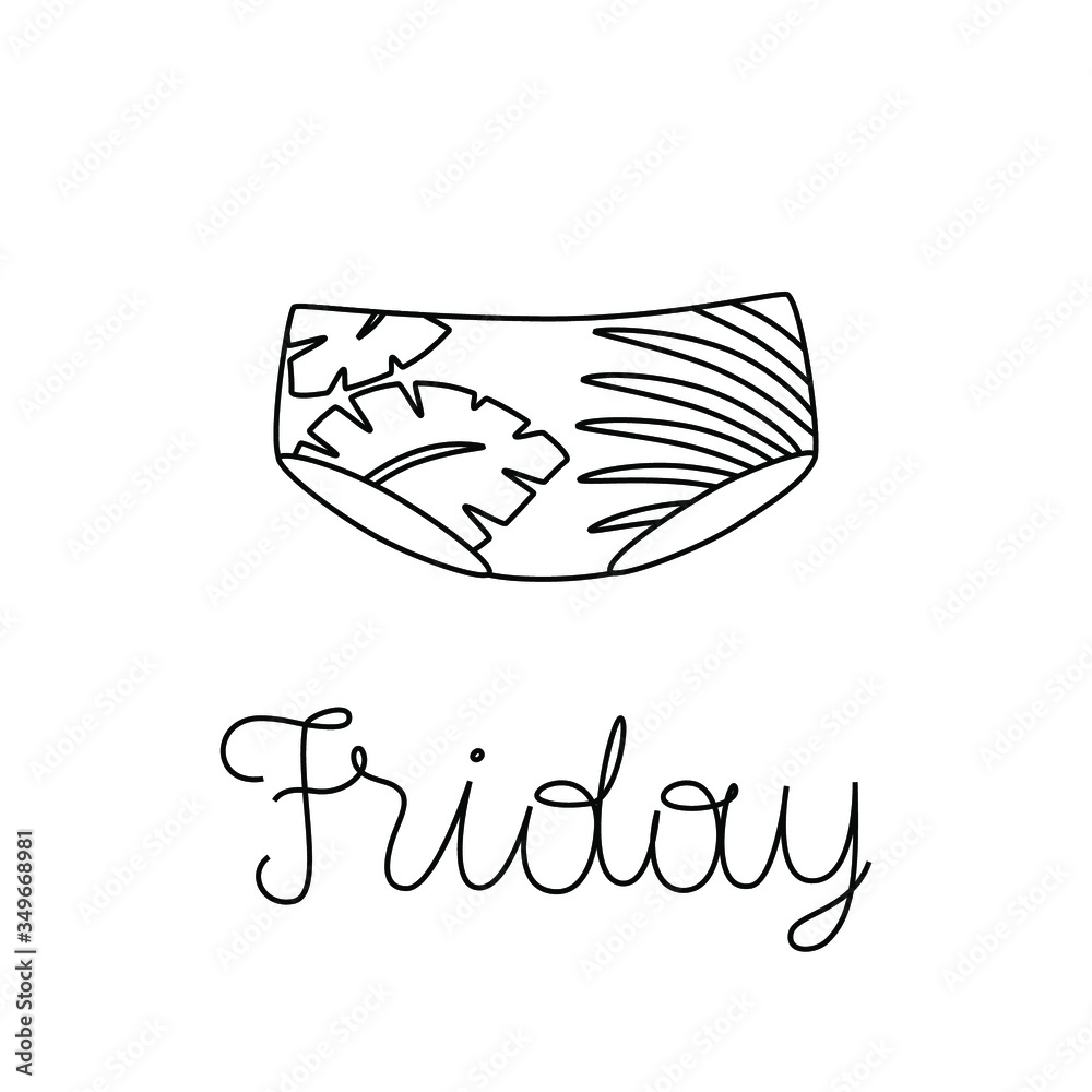 Vector illustration of shorts underwear with lettering Friday. Weekly underpants. Vector illustration of shorts underwear with lettering Friday. Weekly underpants.