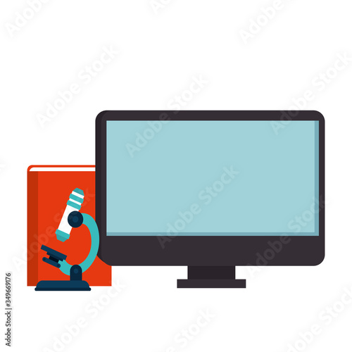 computer with microscope and book isolated icon vector illustration design