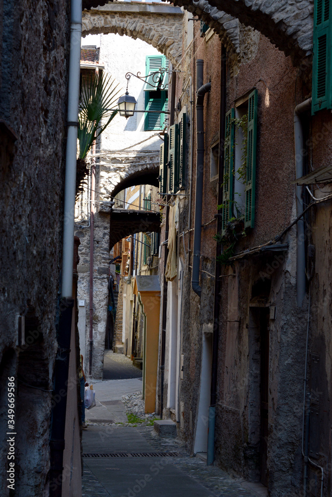 very narrow street in typical Ligurian village 