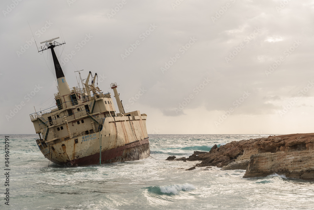 Abandoned shipwreck Edro at sunset in Peja near Paphos, Cyprus