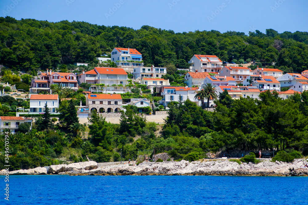 Cottages near the village of Bol on the island of Brac in Croatia - Pine forest on the slopes plunging into the Adriatic Sea