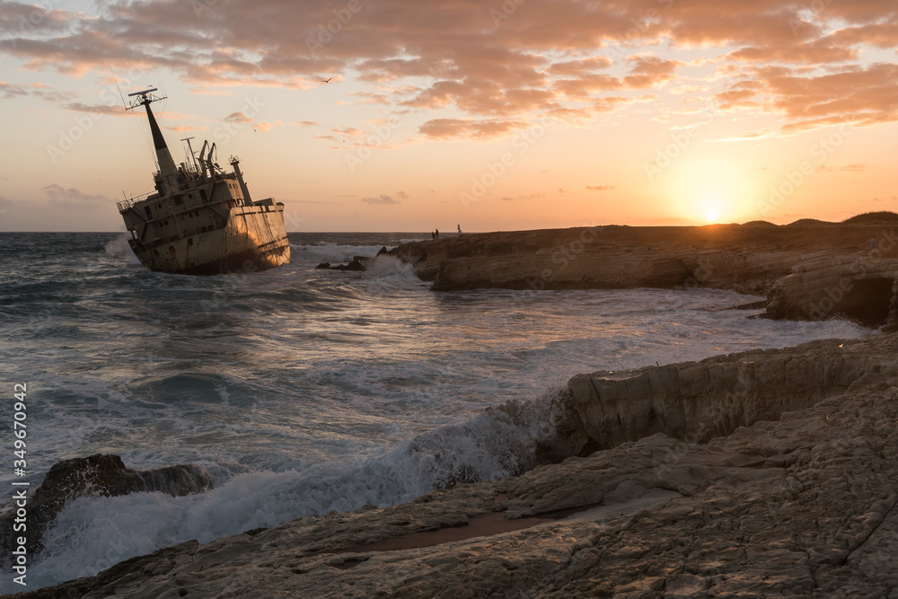 Abandoned shipwreck Edro at sunset in Peja near Paphos, Cyprus Abandoned shipwreck Edro at sunset in Peja near Paphos, Cyprus