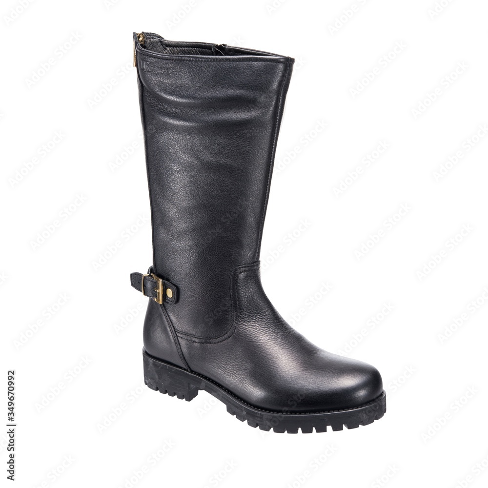 women's leather black boots with buckles isolated on white background