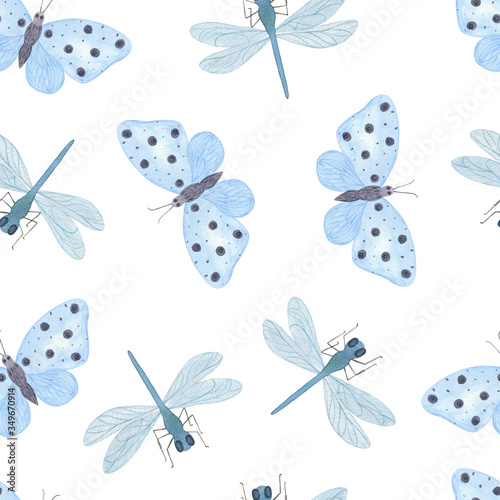 Blue watercolor tender butterflies and dragonfly repeat pattern on the white background, seamless simple hand drawn ornament, summer nature souvenirs for textile, scrapbooking, gift paper © Contes de fée 