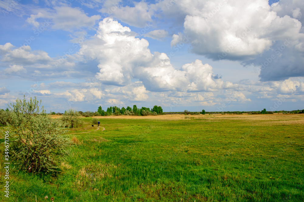 Blue sky and beautiful cloud with meadow. Plain landscape background for summer poster. The best view for holiday. Beauty