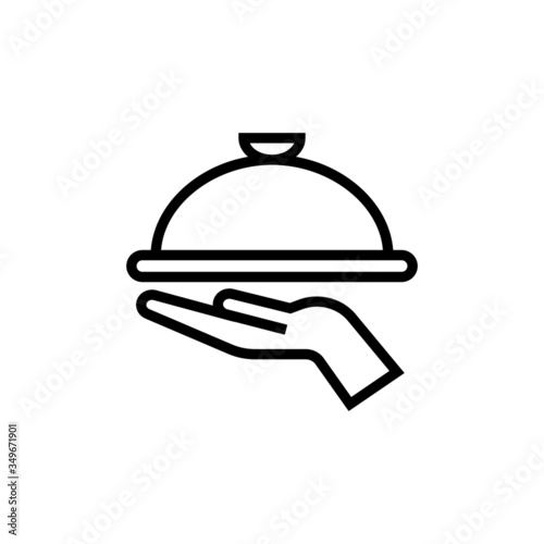 Covered food tray on a hand of hotel room service icon template,  Tray on the hand symbol vector sign in outline style isolated on white background