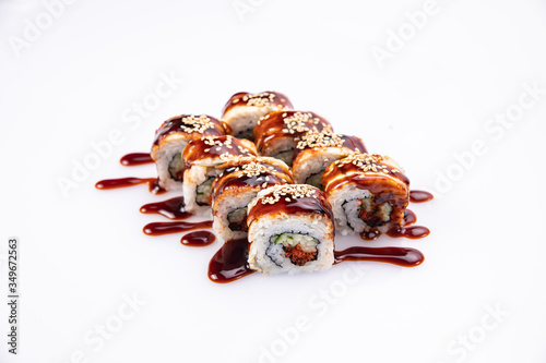 Japanese cuisine. Sushi roll on white background.