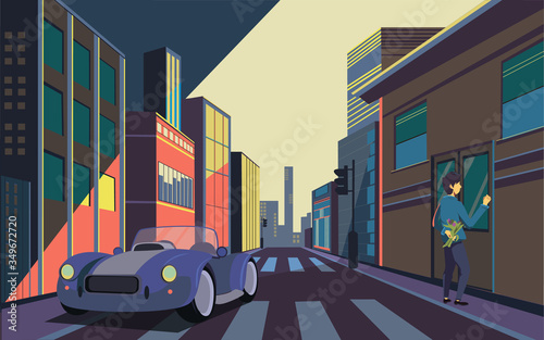 Street stock vector illustration.A guy with a bouquet of flowers knocks on the door.  Stock Illustration night street, car, guy. town street in one-point perspective.Megalopolis street of the night