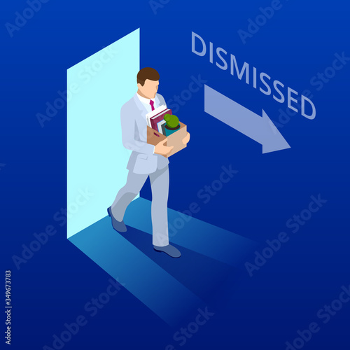 Isometric dismissed frustrated business person holding a box with his things. Unemployment, crisis, jobless and employee job reduction