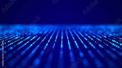 Color music sound wave. Abstract futuristic background of particles. Technology dynamic dots background. 3D rendering.