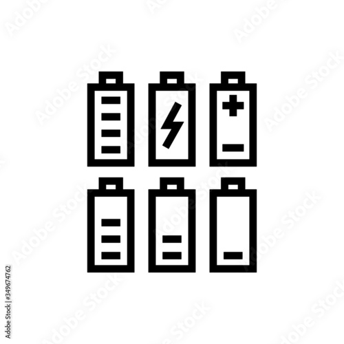 Icon set of battery charge level indicators in outline style on white background