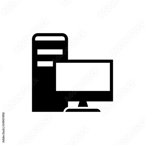 Computer monitor with system unit icon, Line pc system case symbol in black flat shape design on white background