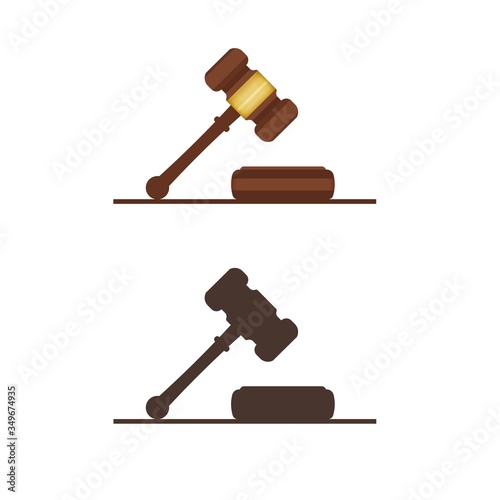 Judge gavel. Ceremonial mallet. Legislative and court of law sign. Auction wooden hammer with metal belt. Authority and right to act symbol. Vector illustration