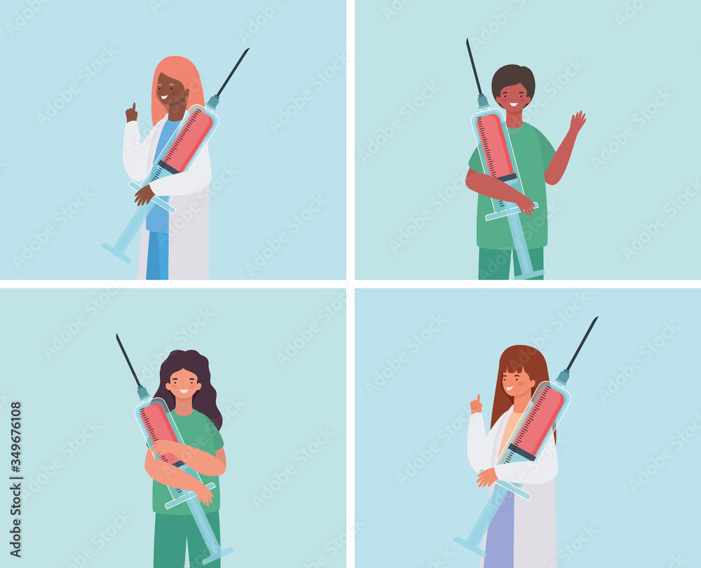 Female and male doctors with injections vector design Female and male doctors with injections vector design