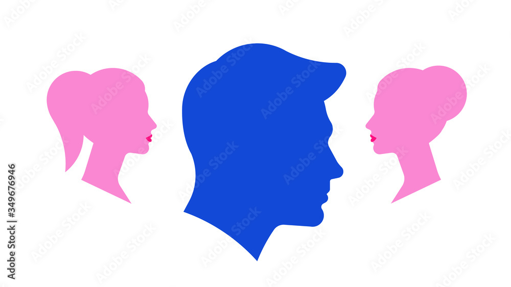 Love triangle. Silhouettes of a man and two women. The concept of a love triangle. Vector illustration.