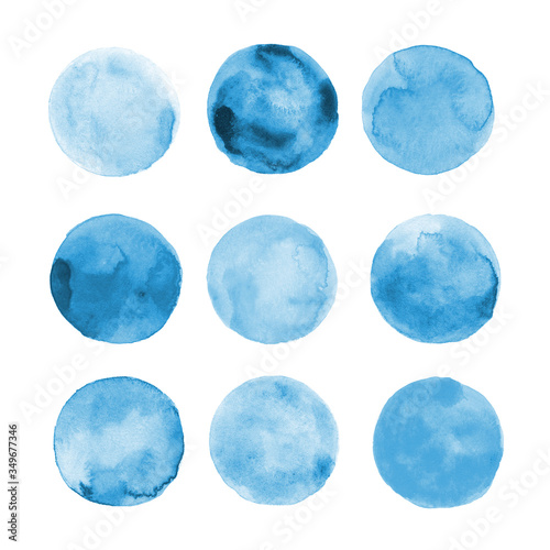 Watercolor circles collection blue colors. Watercolor stains set isolated on white background