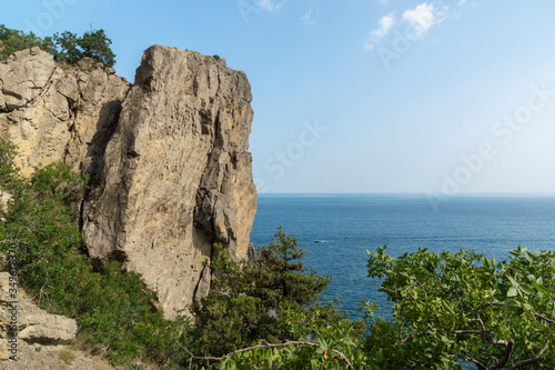 Picturesque cliff with sea view. Blue color of the sea, Black Sea Coast