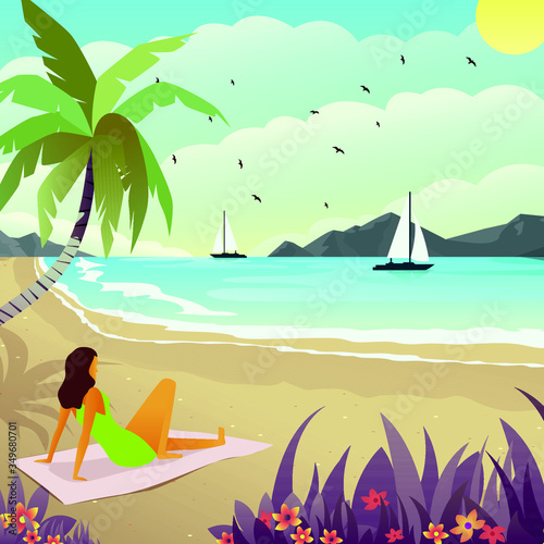 Vector illustration of a woman enjoying summer on a tropical beach.