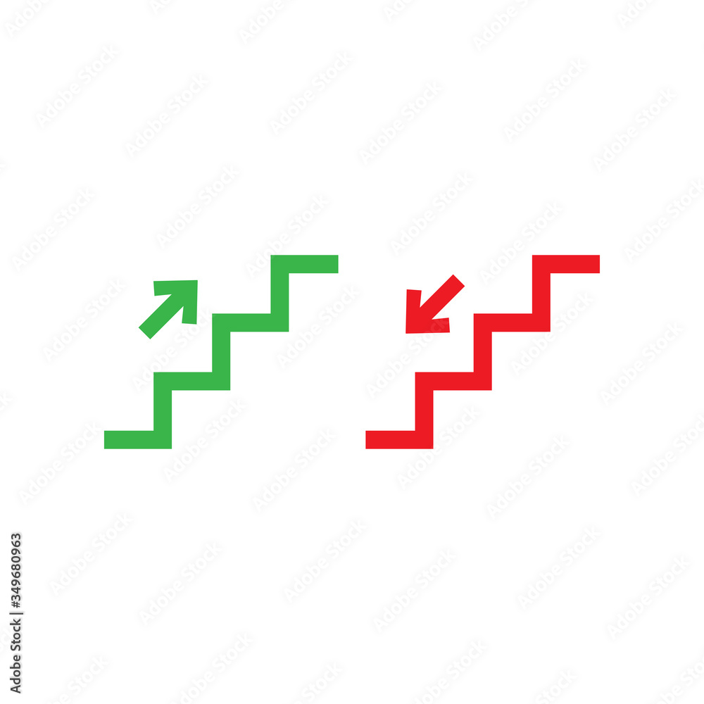 Stairs up and stairs down symbol set. Stairs icon upward, downward, isolated vector illustration set. Stairs up and stairs down symbol set. Stairs icon upward, downward, isolated vector illustration set.