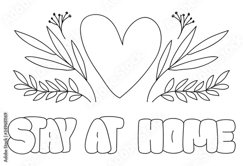 Stay at home text and heart with leaves vector design