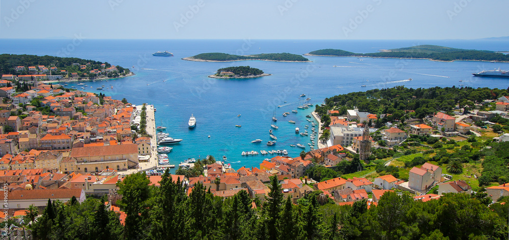 Panoramic aerial view of the old port of Hvar in Croatia - Traditionnal village on Hvar island in the Adriatic Sea