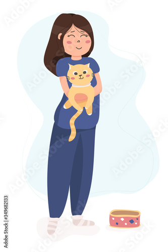 Pretty young brunette girl and her lovely cat in hands isolated on white background. Adorable pet owner and cute domestic animal. Colorful cartoon vector stock illustration of cat lover in flat style.