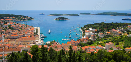 Fototapeta Naklejka Na Ścianę i Meble -  Panoramic aerial view of the old port of Hvar in Croatia - Traditionnal village on Hvar island in the Adriatic Sea