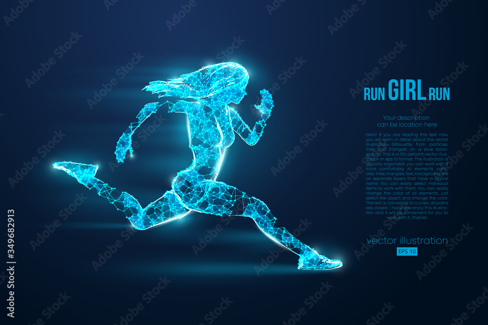 Abstract silhouette of a wireframe running athlete, woman on the blue background. Athlete runs sprint and marathon. Convenient organization of eps file. Vector illustration. Thanks for watching