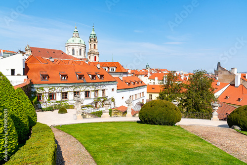 Vrtbovska Garden in Prague. Terraced baroque garden and overview of Lesser Town with St Nicholas Church dome, Prague, Czech Republic