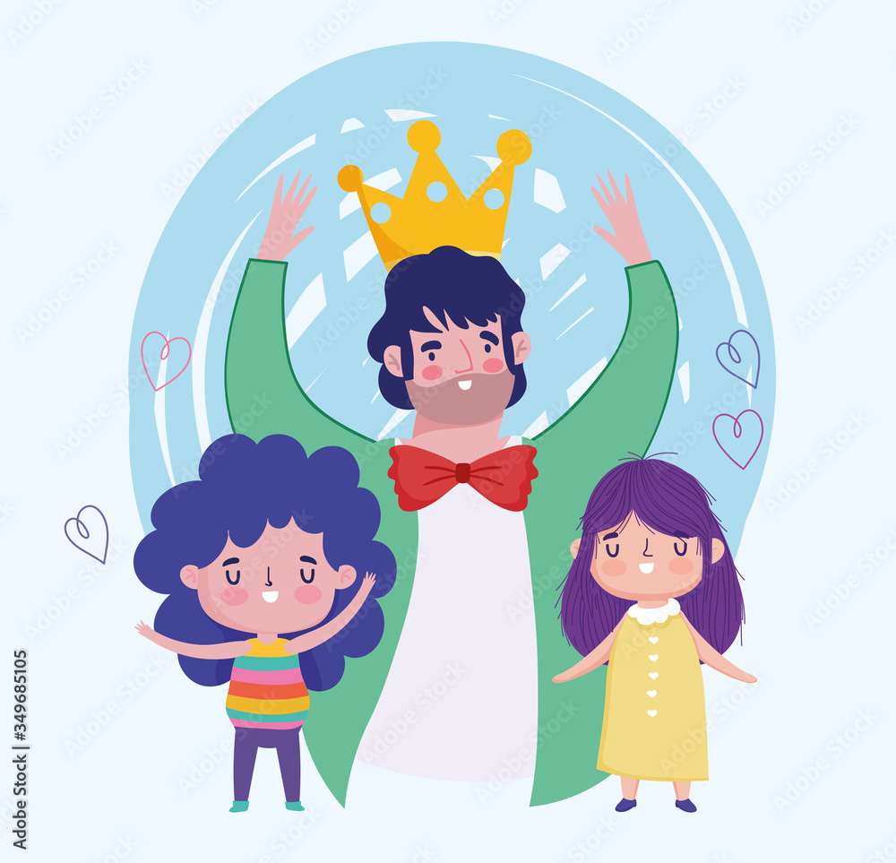 happy fathers day, celebrating dad with crown and kids cartoon happy fathers day, celebrating dad with crown and kids cartoon