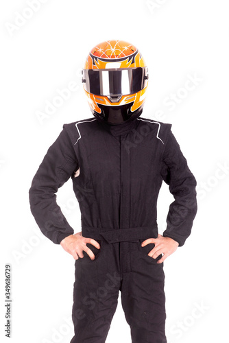 Race car pilot posing isolated