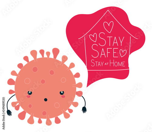 Covid 19 virus kawaii cartoon and stay safe and at home vector design