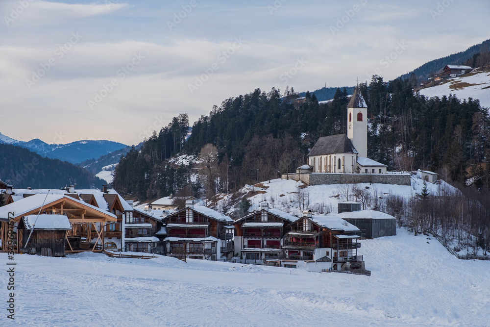 Top view on Monte Elmo, Dolomites, Italy - Mountain skiing and snowboarding. Sexten (Sesto), Trentino-Alto Adige, Puster Valley (Alta Pusteria), South Tyrol. January 2020