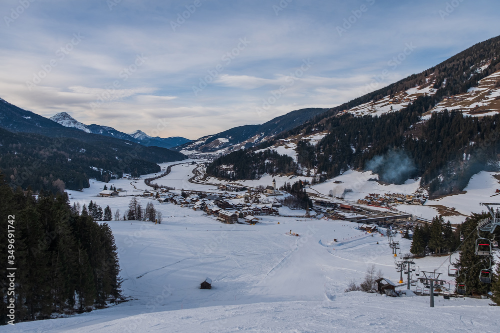 Top view on Monte Elmo, Dolomites, Italy - Mountain skiing and snowboarding. Sexten (Sesto), Trentino-Alto Adige, Puster Valley (Alta Pusteria), South Tyrol. January 2020