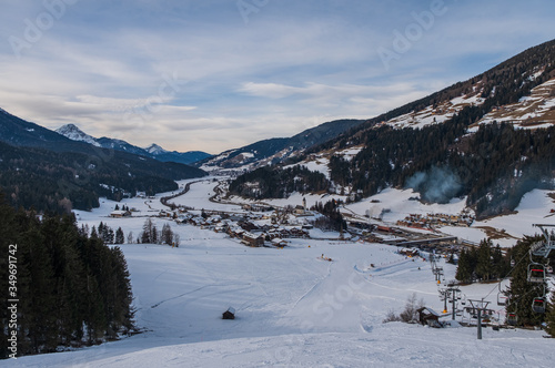 Top view on Monte Elmo, Dolomites, Italy - Mountain skiing and snowboarding. Sexten (Sesto), Trentino-Alto Adige, Puster Valley (Alta Pusteria), South Tyrol. January 2020 © Сергій Вовк
