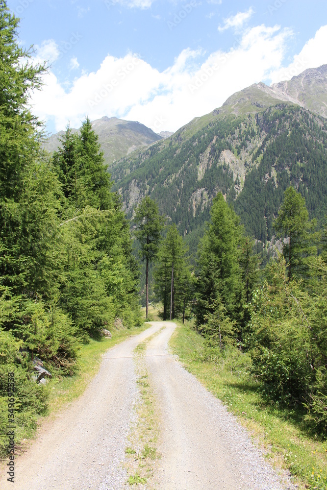 An unpaved road on Alp Mountains in Soelden, Tirol, Austria.