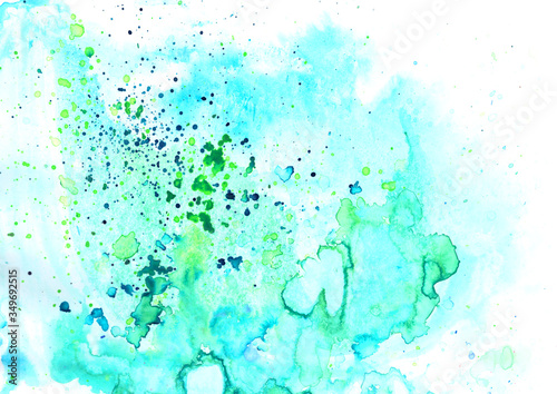 Bright colorful vibrant hand painted isolated watercolor background with paint splashes on white background in aquamarine, blue, cyan and green colors. A4 paper size
