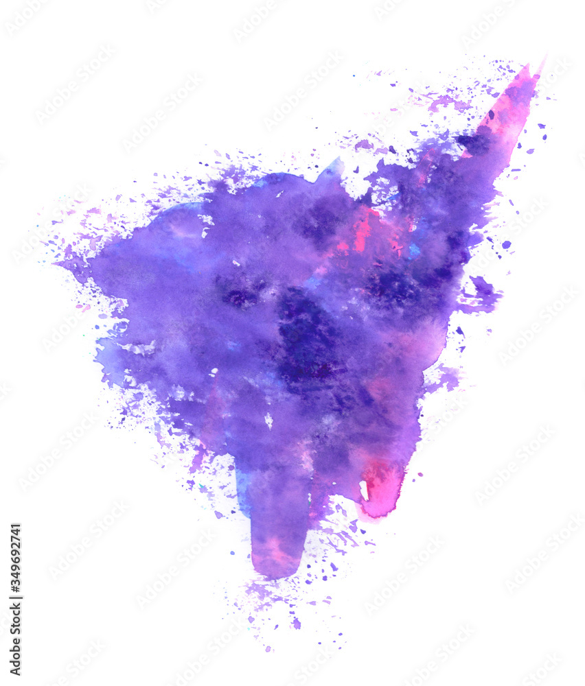 Bright colorful vibrant hand painted isolated watercolor spot splash on white background in blue, violet and purple colors. For decoration, cards, highlight and website design