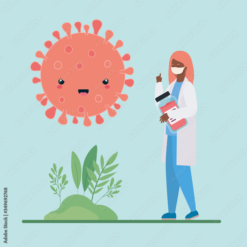 female doctor with medicine jar and covid 19 virus kawaii cartoon vector design female doctor with medicine jar and covid 19 virus kawaii cartoon vector design