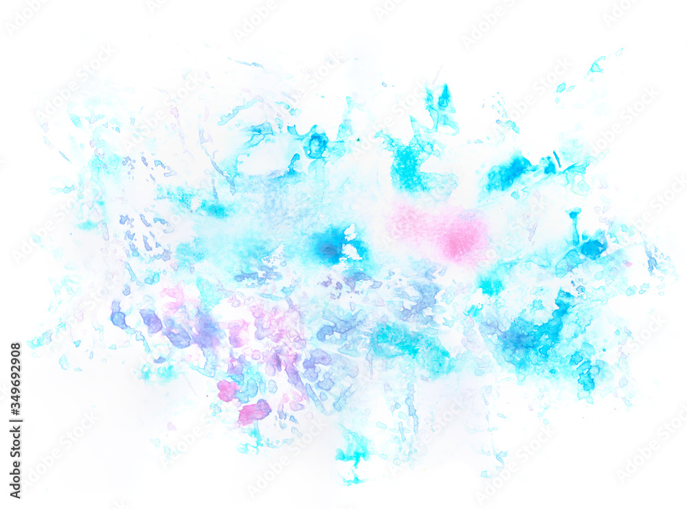 Ice cold winter Christmas hand painted isolated watercolor backdrop with paint splashes on white background in pink, blue, cyan and violet colors. A4 paper size