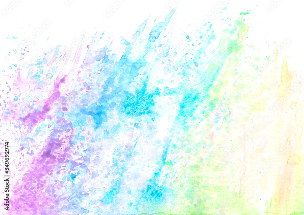 Happy summer rainbow hand painted isolated watercolor backdrop with paint splashes on white background in pink, blue, cyan, green and violet colors. A4 paper size