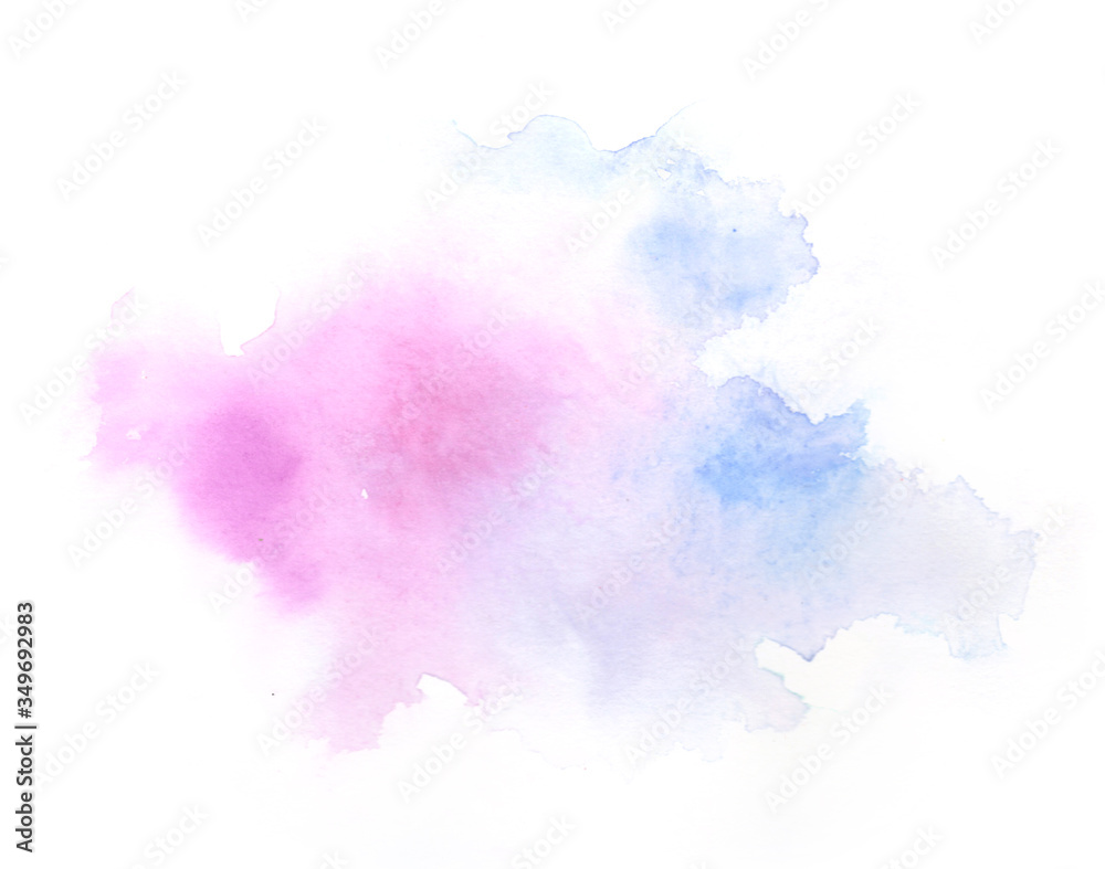 Bright colorful vibrant hand painted isolated watercolor spot splash on white background in blue and pink colors. For decoration, cards, highlight and website design