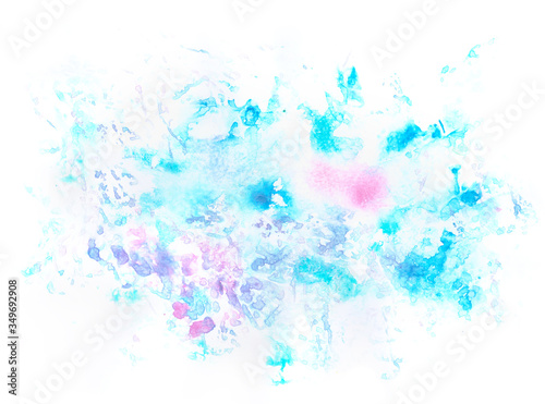 Ice cold winter Christmas hand painted isolated watercolor backdrop with paint splashes on white background in pink, blue, cyan and violet colors. A4 paper size