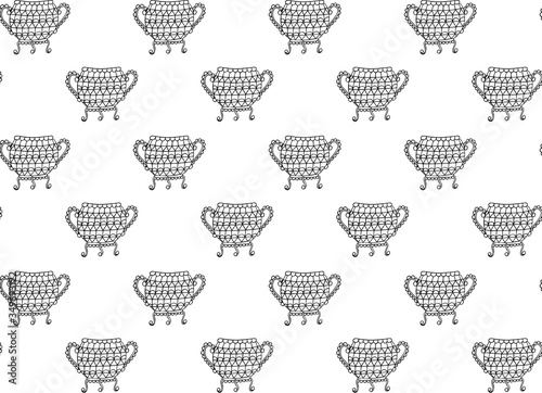 Seamless pattern of black contour elegant ornamental vintage cauldrons with arms and legs on a white background. Floor vases on coasters decorated with geometric shapes. Hand drawn texture. Vector.