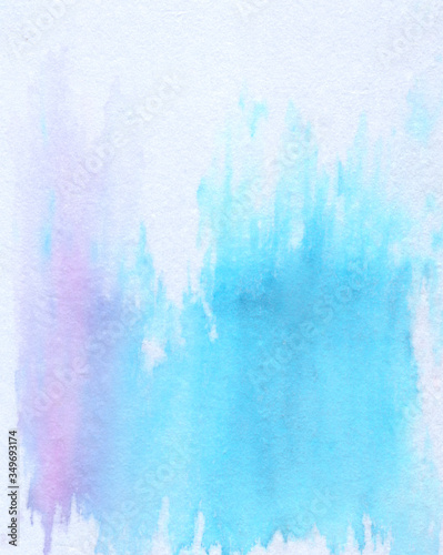 Ice cold winter Christmas hand painted isolated watercolor backdrop with paint splashes on white fabric textile background in pink, blue, cyan and violet colors