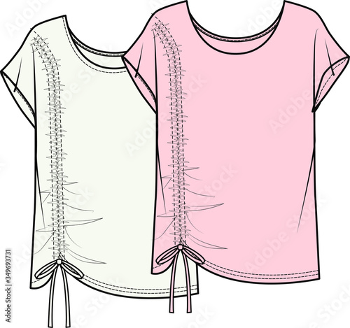 Womens blouse fashion flat technical drawing template. GATHERED TOP